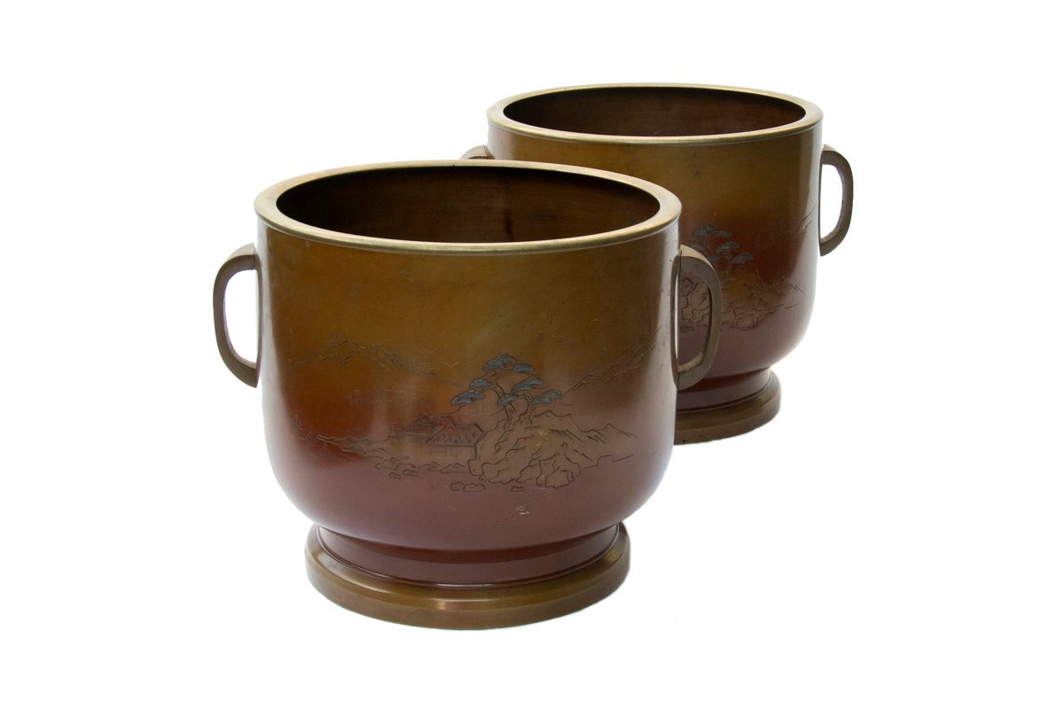 Pair of Bronze Vintage Japanese Urns with Landscape Motif